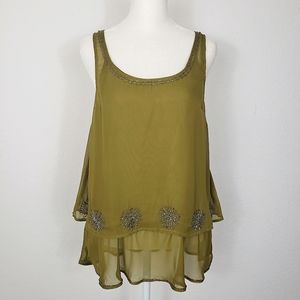 Jennifer Lopez sheer green bejeweled layered tank top size small